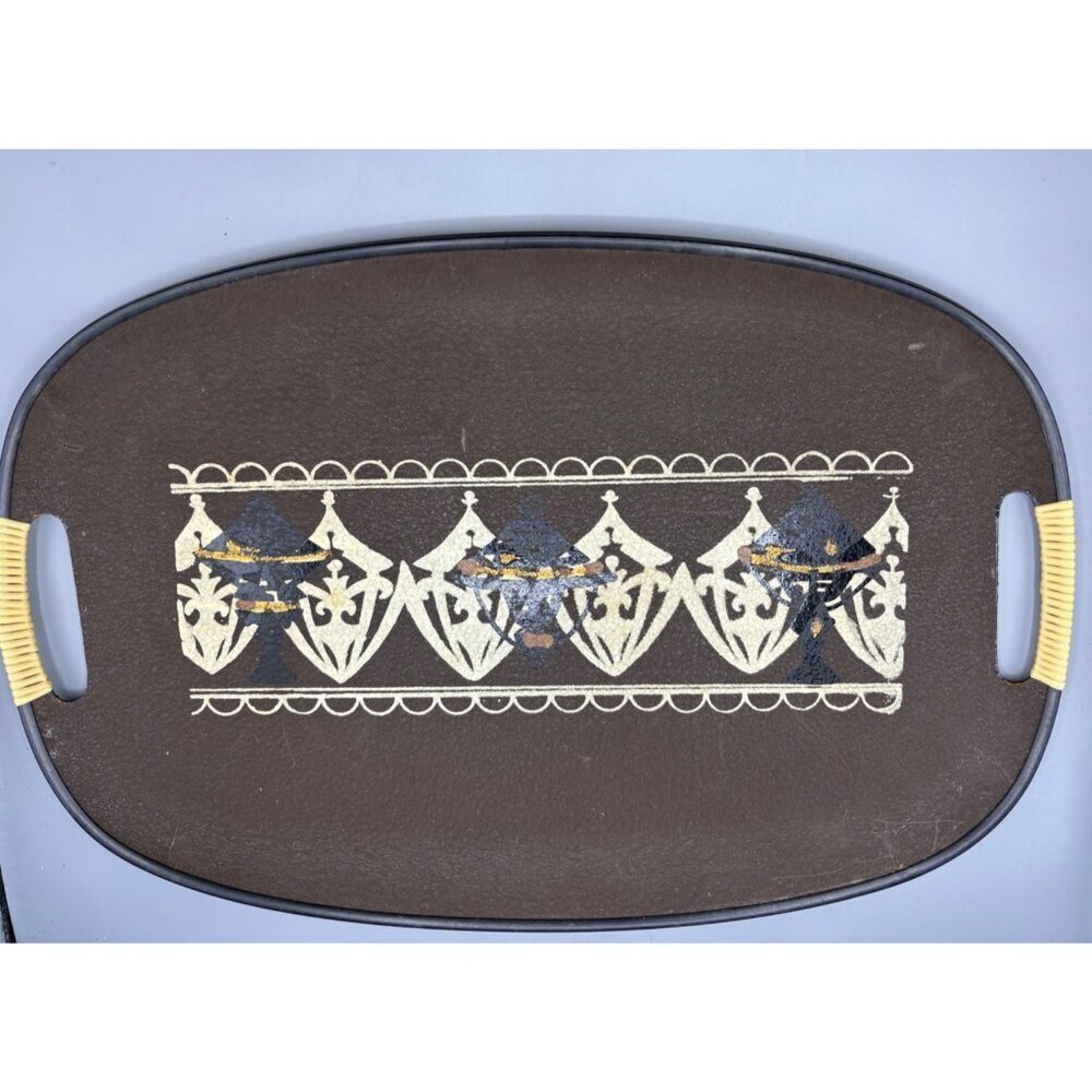 Vtg MCM Oval Brown Serving Tray Woven Handles‎ Hand Painted